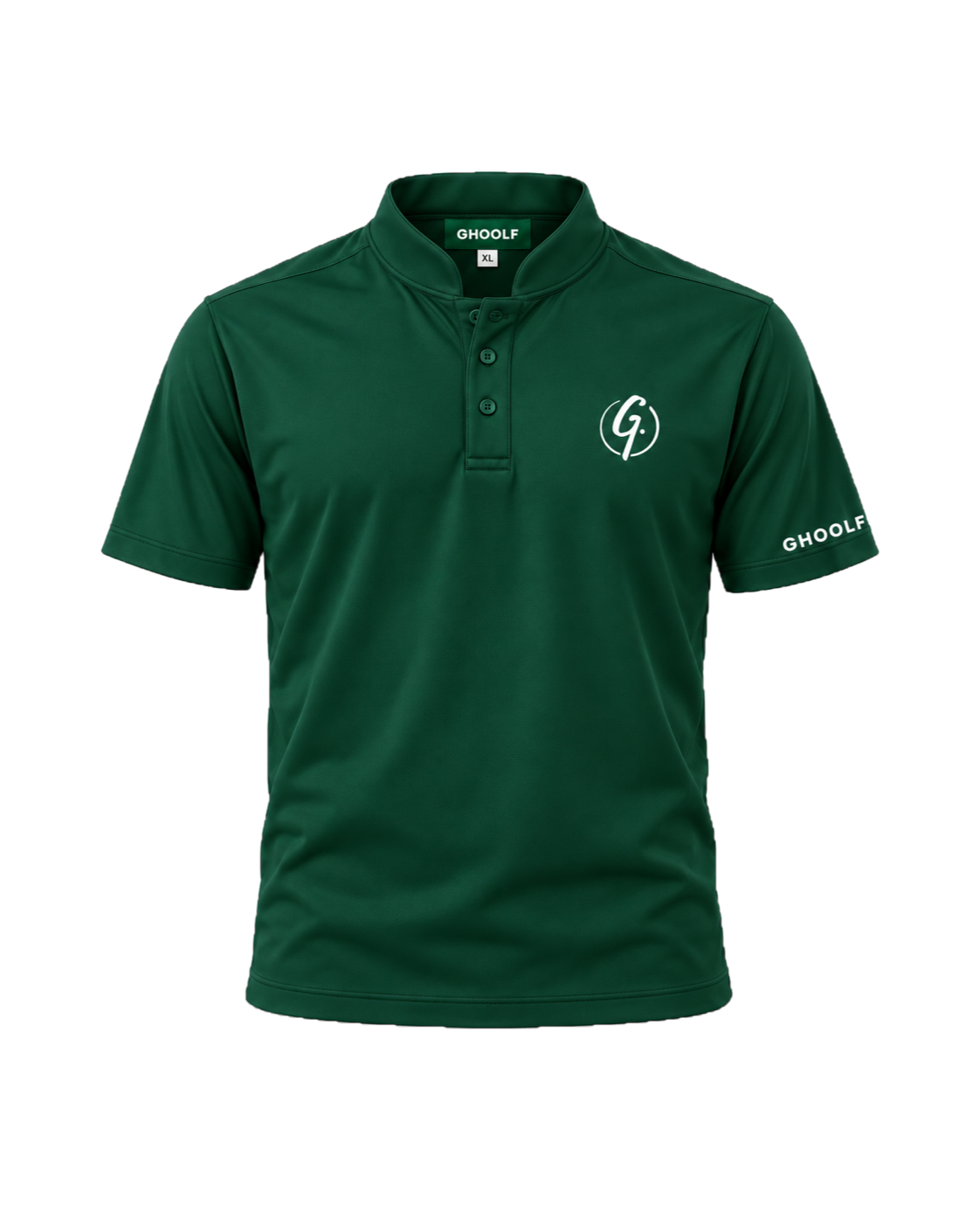 Forest green Ghoolf band collar polo, front, with white signet on the chest and wordmark on the sleeve