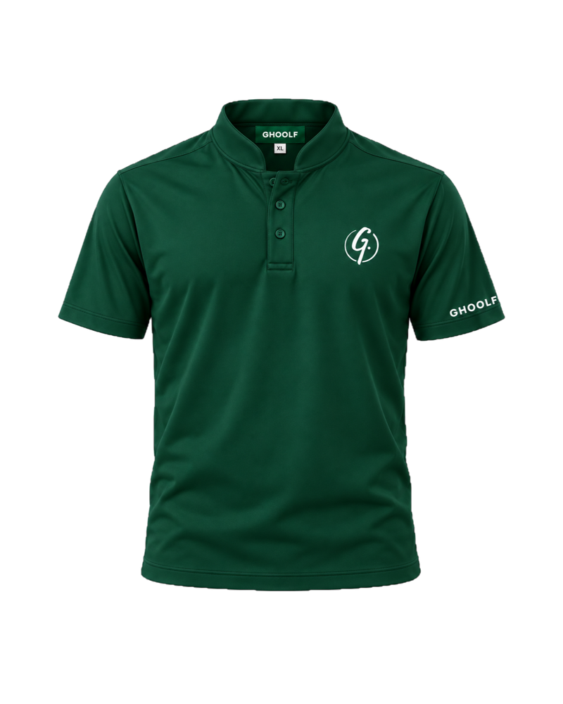 Forest green Ghoolf band collar polo, front, with white signet on the chest and wordmark on the sleeve