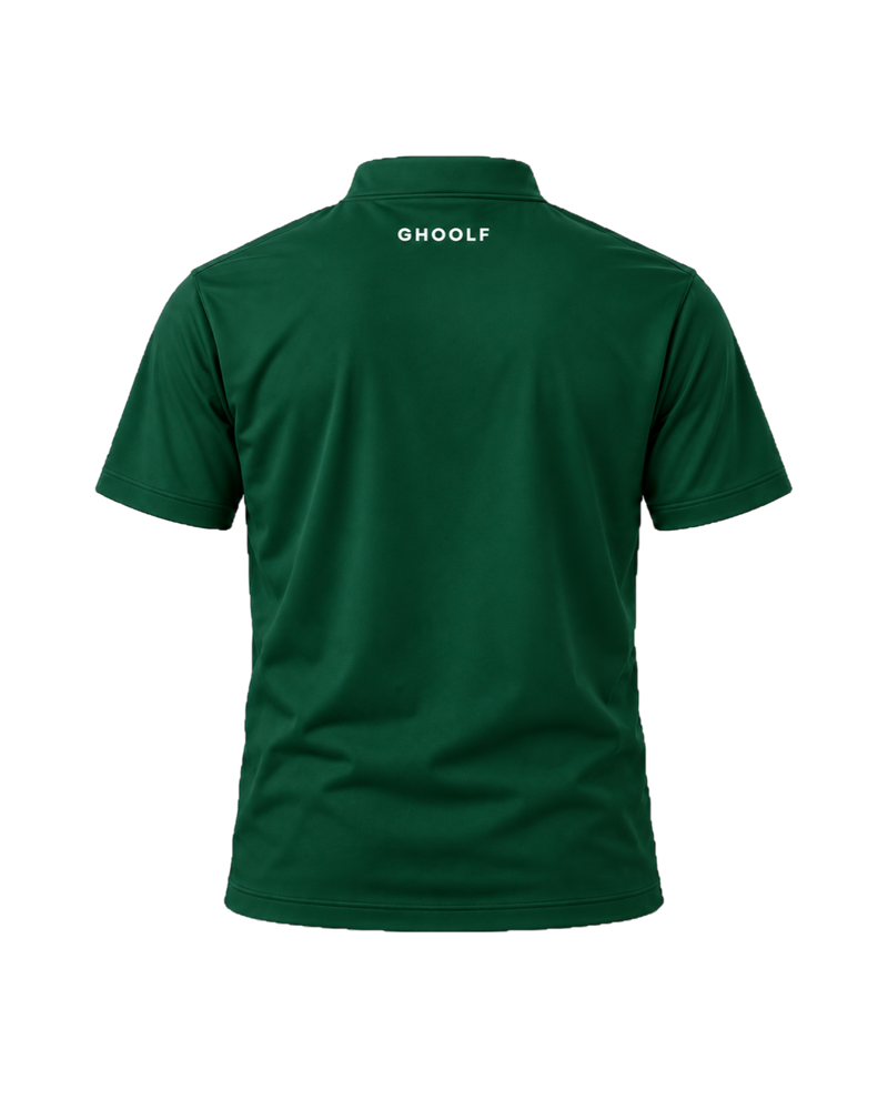 Forest green Ghoolf band collar polo, back, with small Ghoolf wordmark below the collar