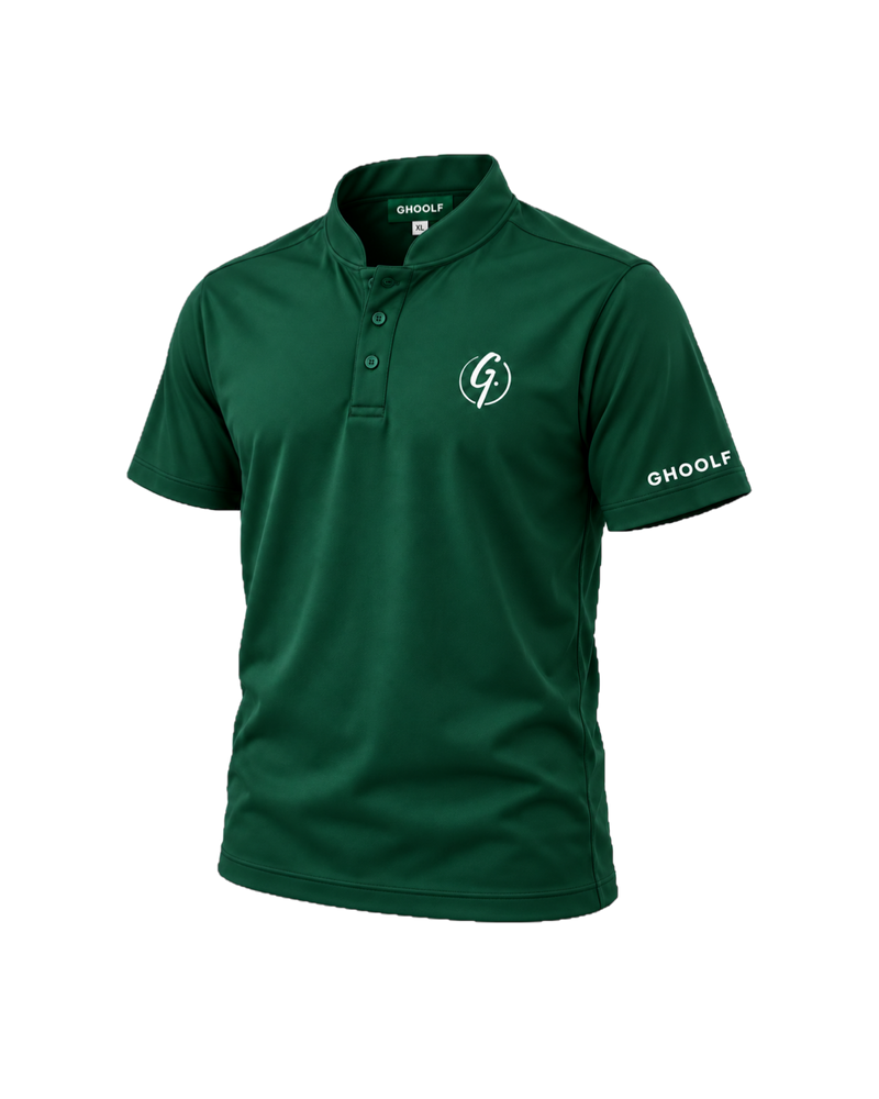 Forest green Ghoolf band collar polo, three-quarter view, with white signet and sleeve wordmark