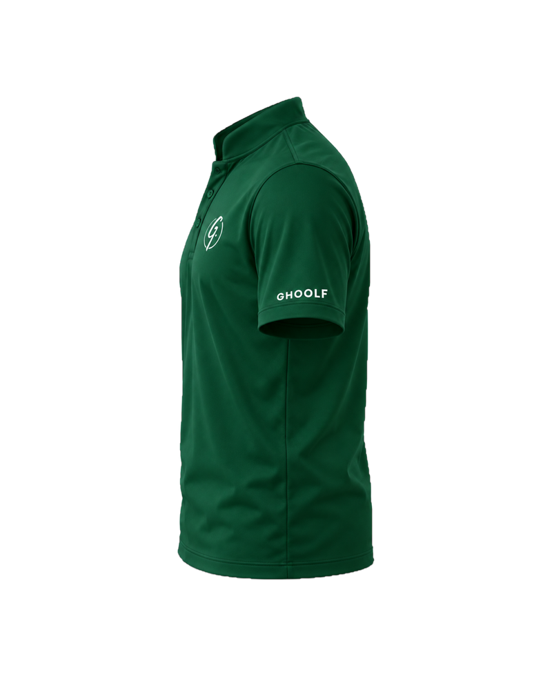 Forest green Ghoolf band collar polo, side view, with Ghoolf wordmark on the sleeve