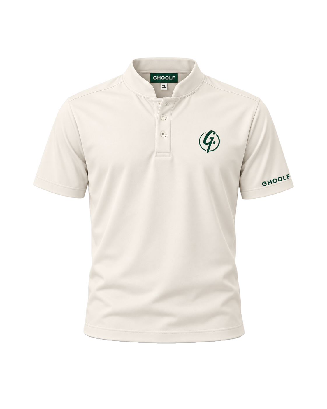Ivory Ghoolf band collar polo, front, with forest green signet on the chest and wordmark on the sleeve