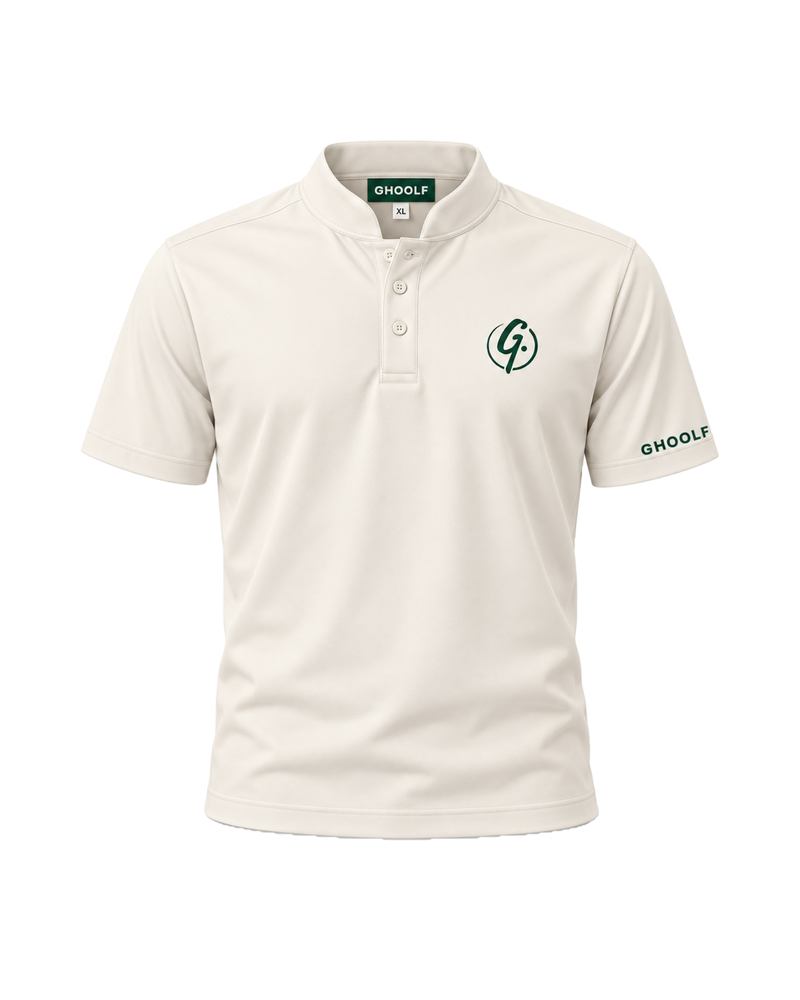 Ivory Ghoolf band collar polo, front, with forest green signet on the chest and wordmark on the sleeve