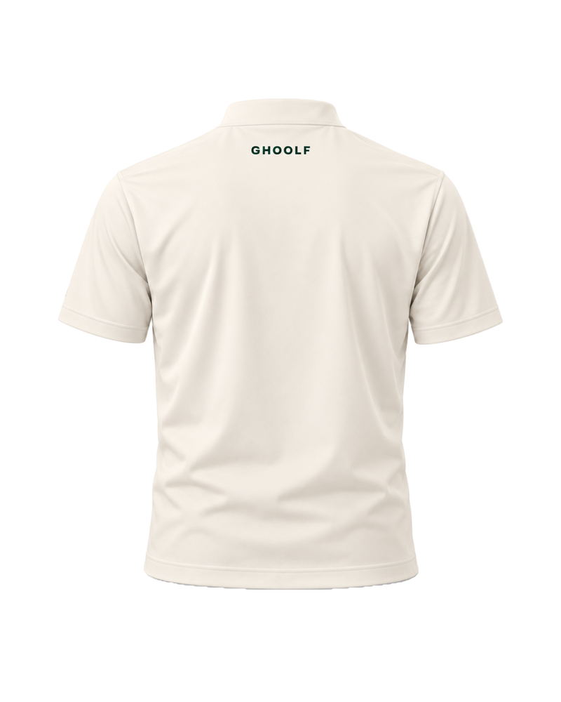 Ivory Ghoolf band collar polo, back, with small Ghoolf wordmark below the collar