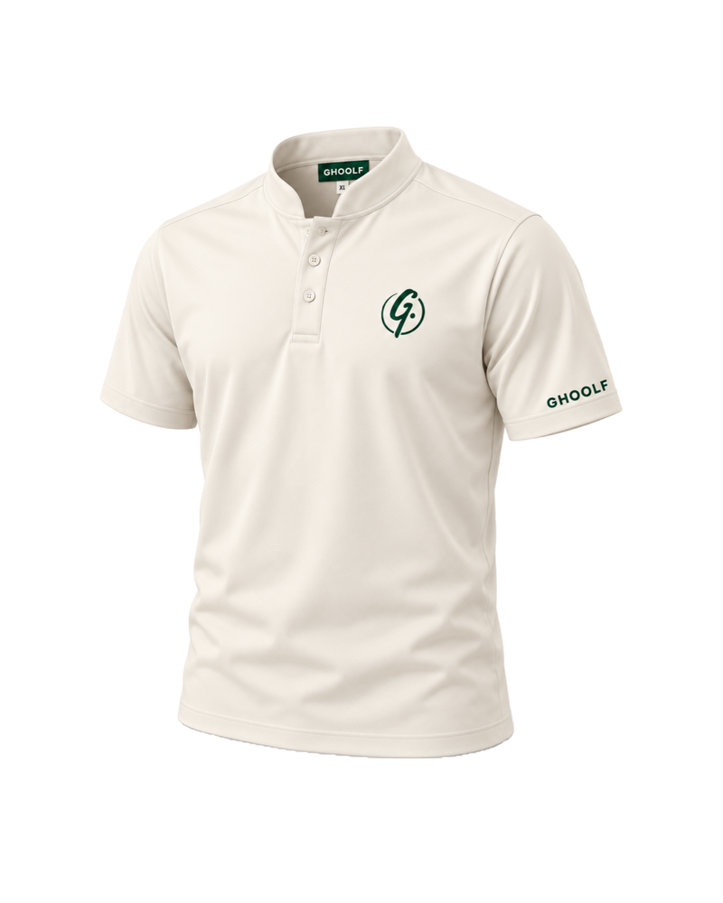 Ivory Ghoolf band collar polo, three-quarter view, with forest green signet and sleeve wordmark