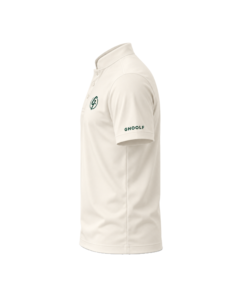 Ivory Ghoolf band collar polo, side view, with Ghoolf wordmark on the sleeve