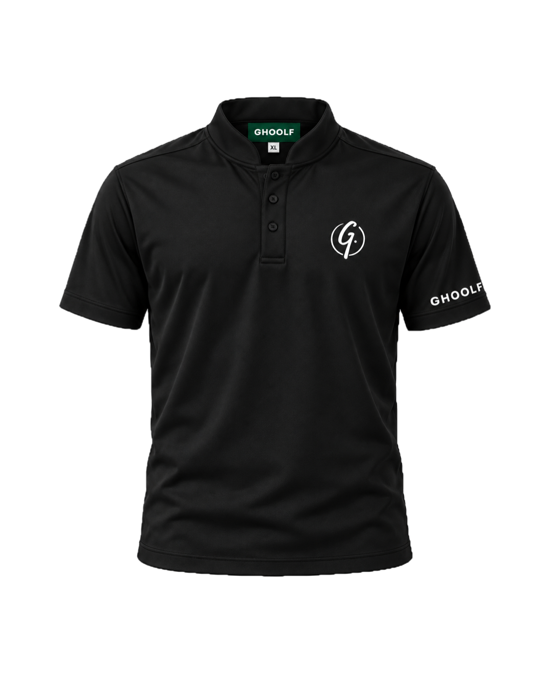 Black Ghoolf band collar polo, front, with white signet on the chest and wordmark on the sleeve