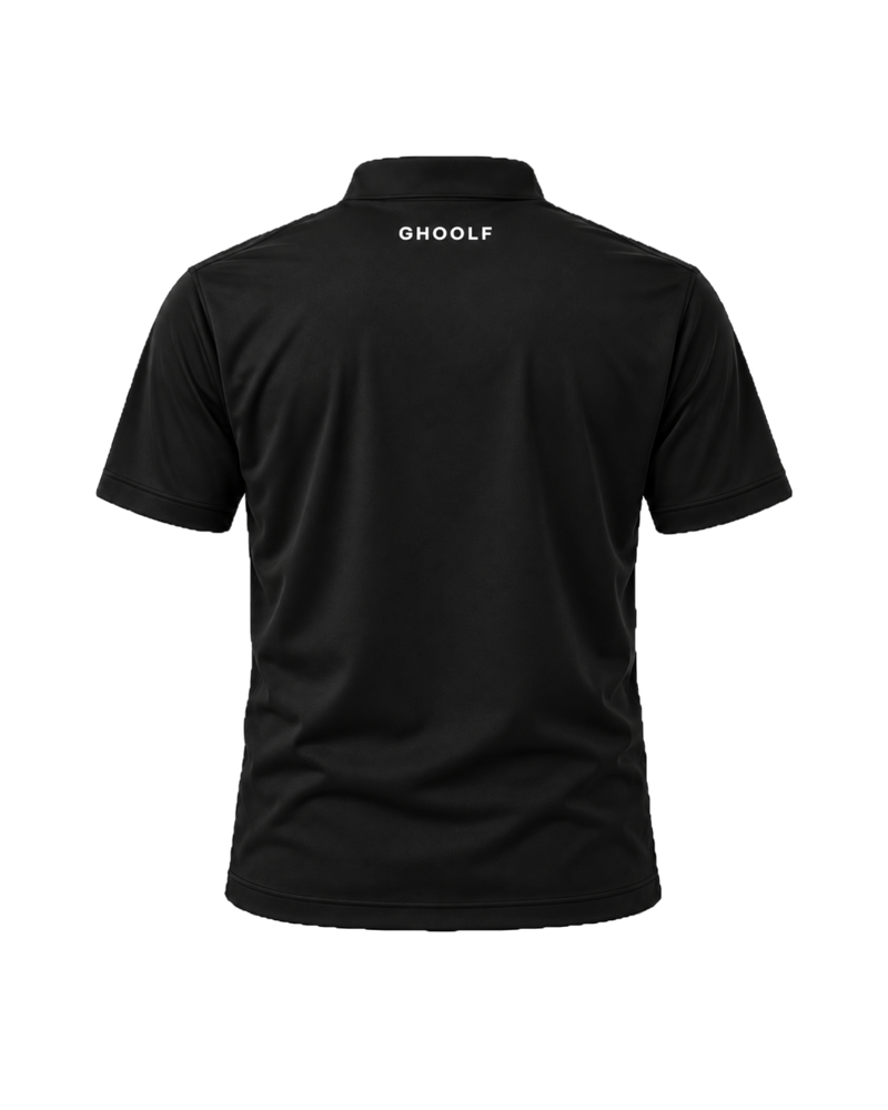 Black Ghoolf band collar polo, back, with small Ghoolf wordmark below the collar