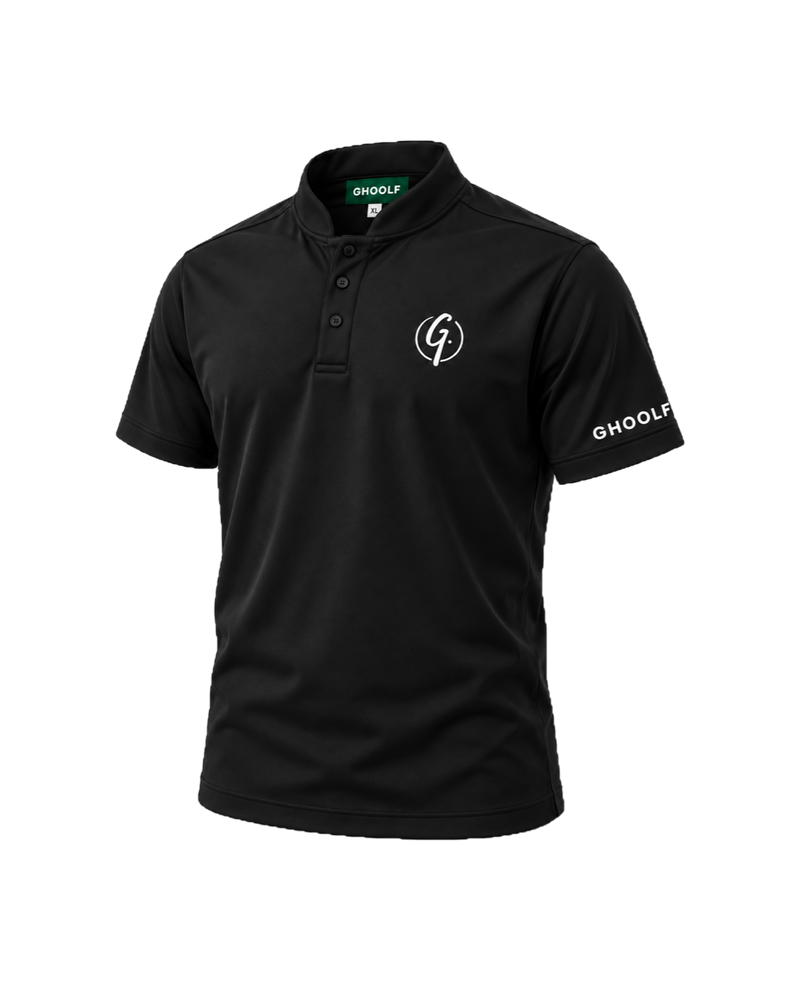 Black Ghoolf band collar polo, three-quarter view, with white signet and sleeve wordmark