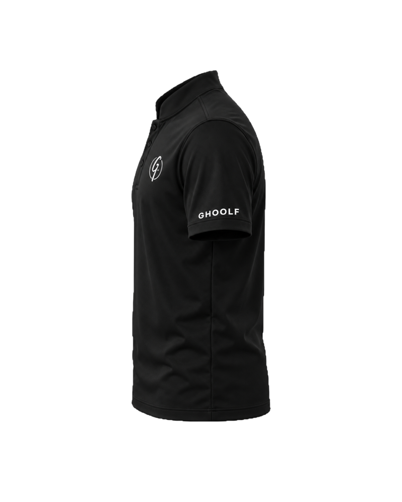 Black Ghoolf band collar polo, side view, with Ghoolf wordmark on the sleeve