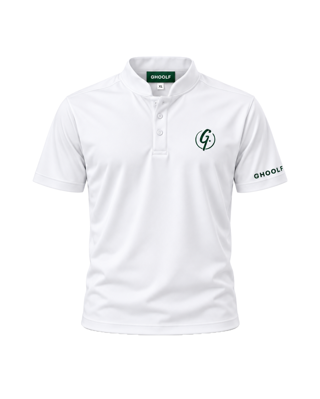 White Ghoolf band collar polo, front, with forest green signet on the chest and wordmark on the sleeve