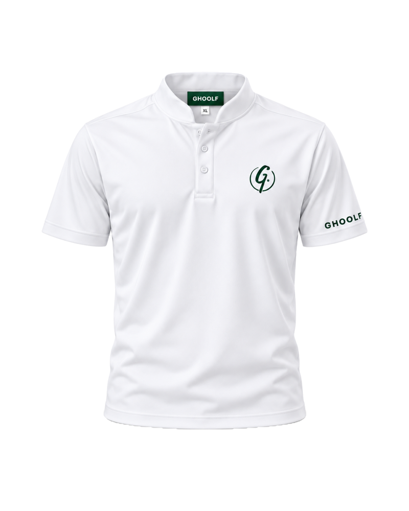 White Ghoolf band collar polo, front, with forest green signet on the chest and wordmark on the sleeve