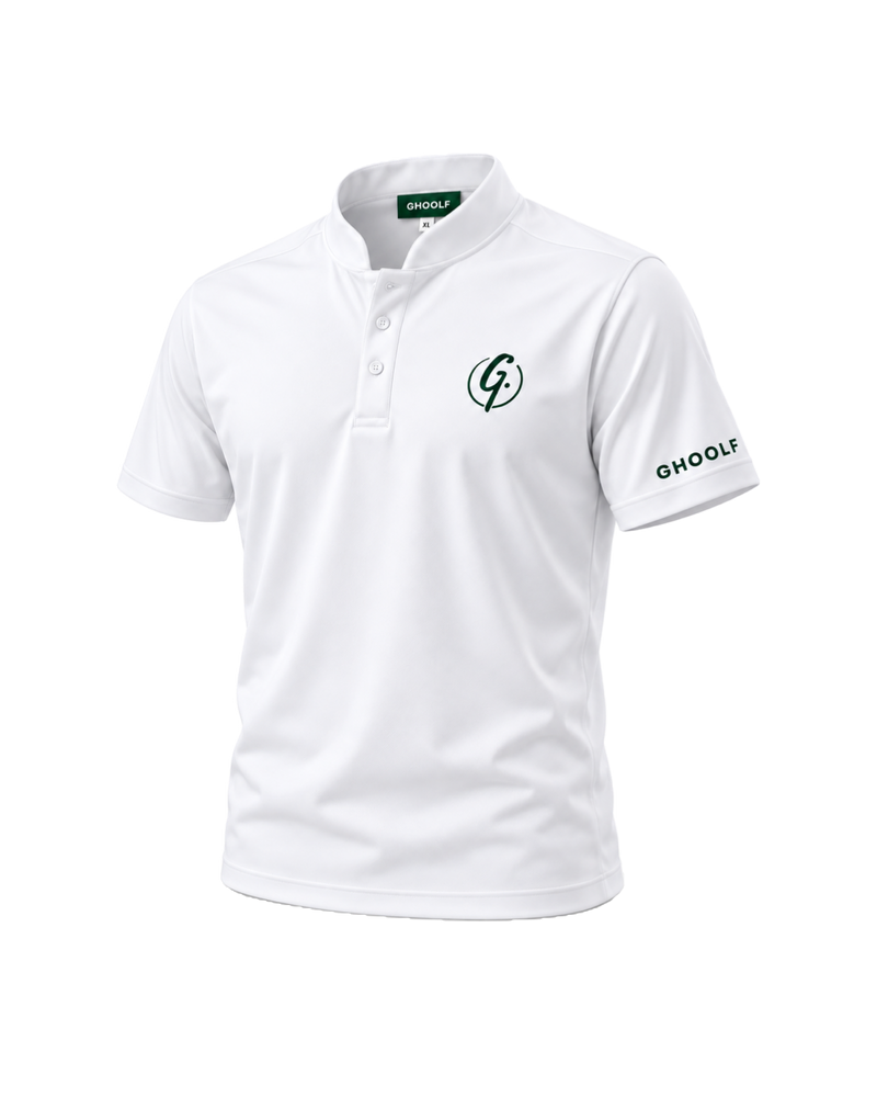 White Ghoolf band collar polo, three-quarter view, with forest green signet and sleeve wordmark