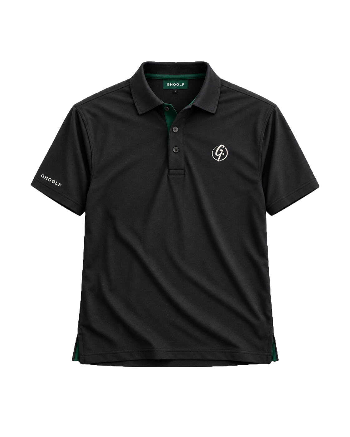 Black Ghoolf classic polo, front, with white signet on the chest and forest green inner placket