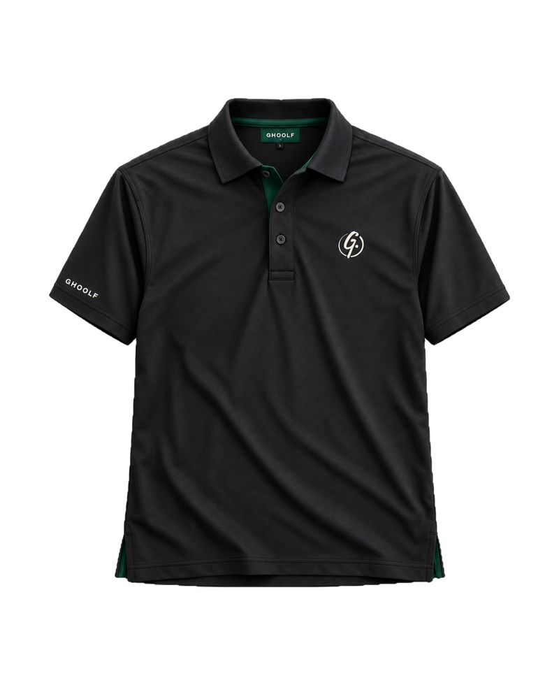 Black Ghoolf classic polo, front, with white signet on the chest and forest green inner placket