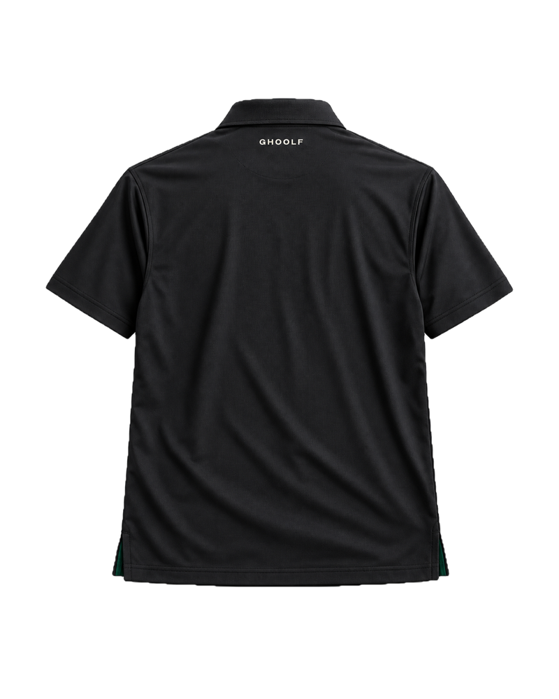 Black Ghoolf classic polo, back, with small Ghoolf wordmark below the collar