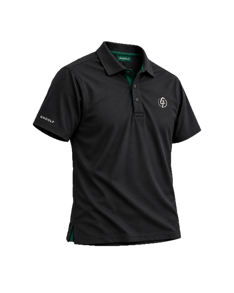 Black Ghoolf classic polo, three-quarter view, with white signet and forest green side vent