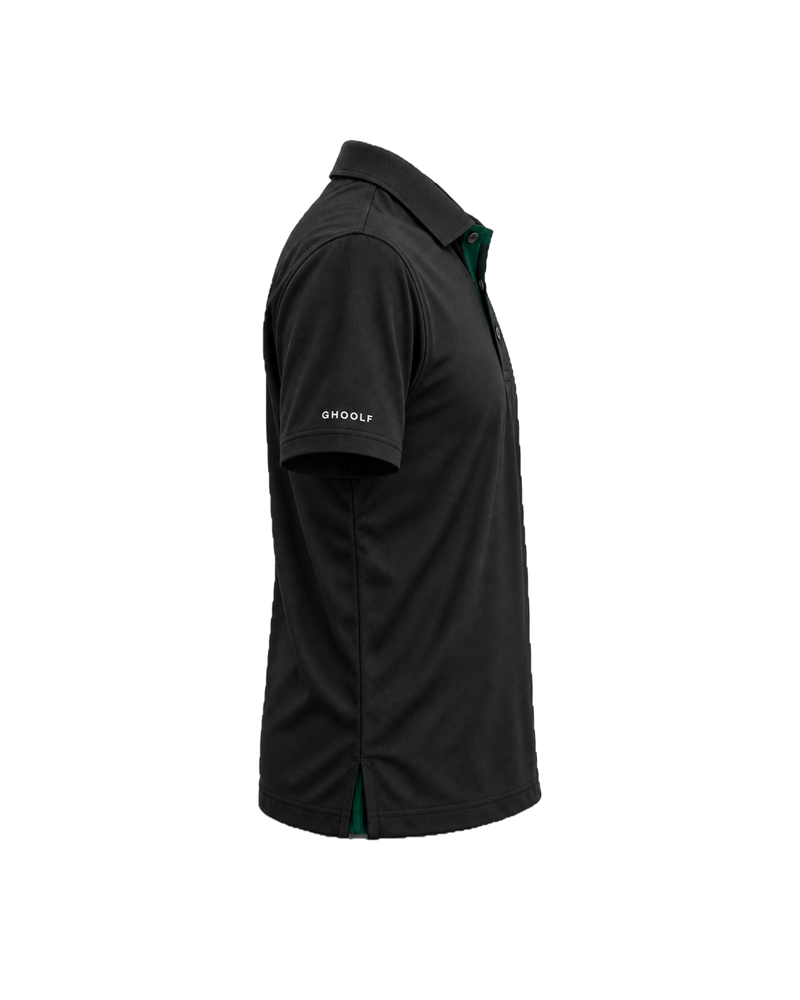Black Ghoolf classic polo, side view, with Ghoolf wordmark on the sleeve and forest green side vent