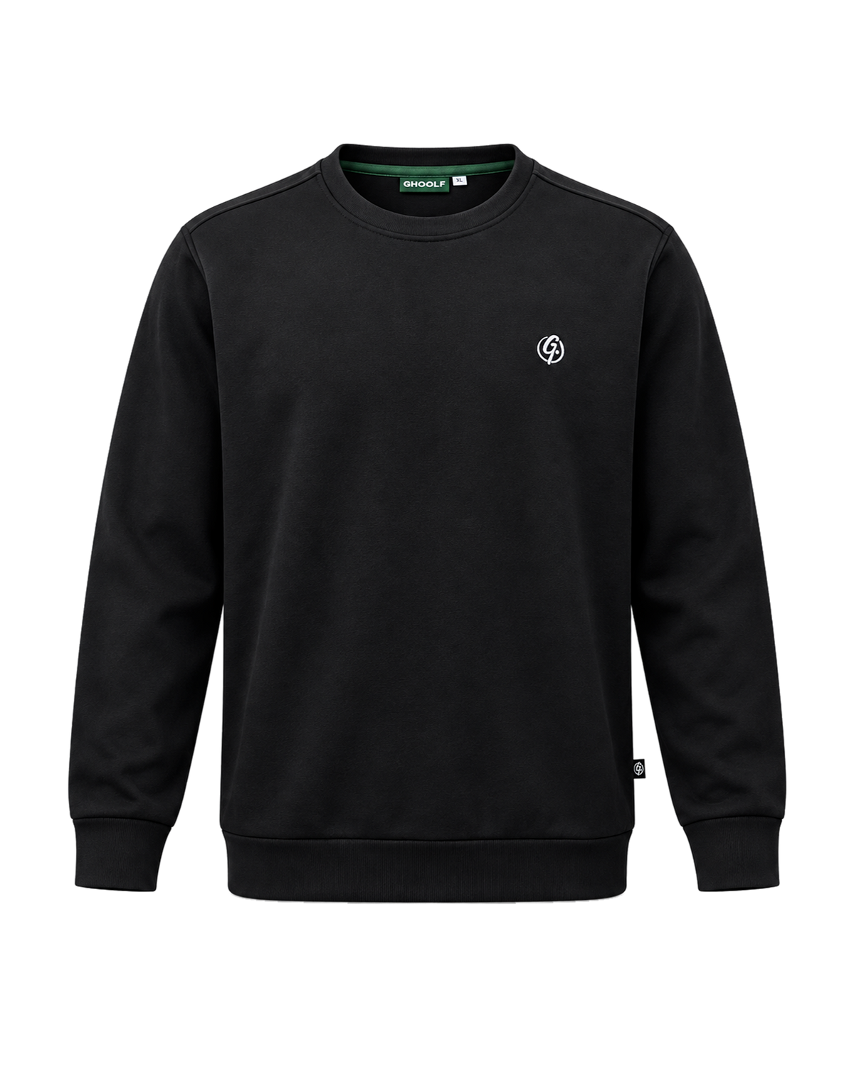 Black Ghoolf crew sweatshirt, front, with white signet embroidered on the chest