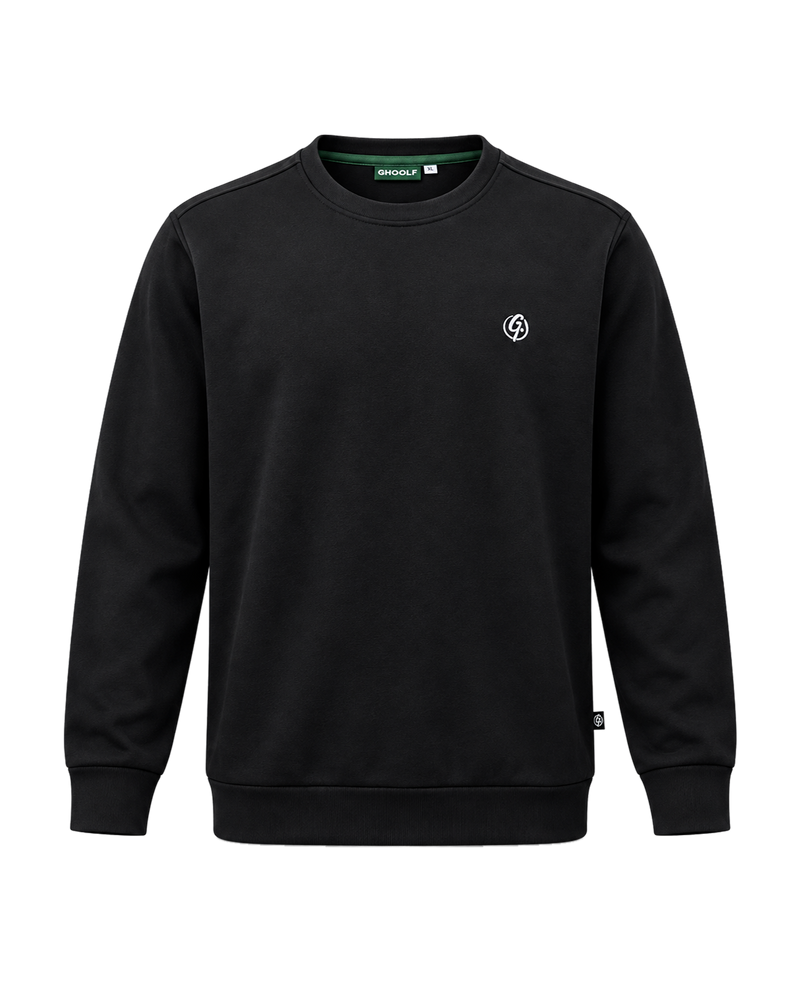 Black Ghoolf crew sweatshirt, front, with white signet embroidered on the chest