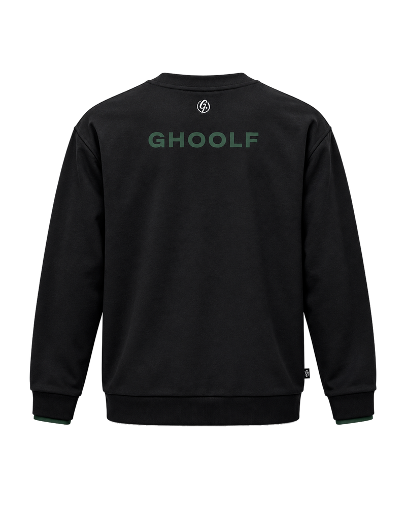 Black Ghoolf crew sweatshirt, back, with forest green Ghoolf wordmark across the shoulders