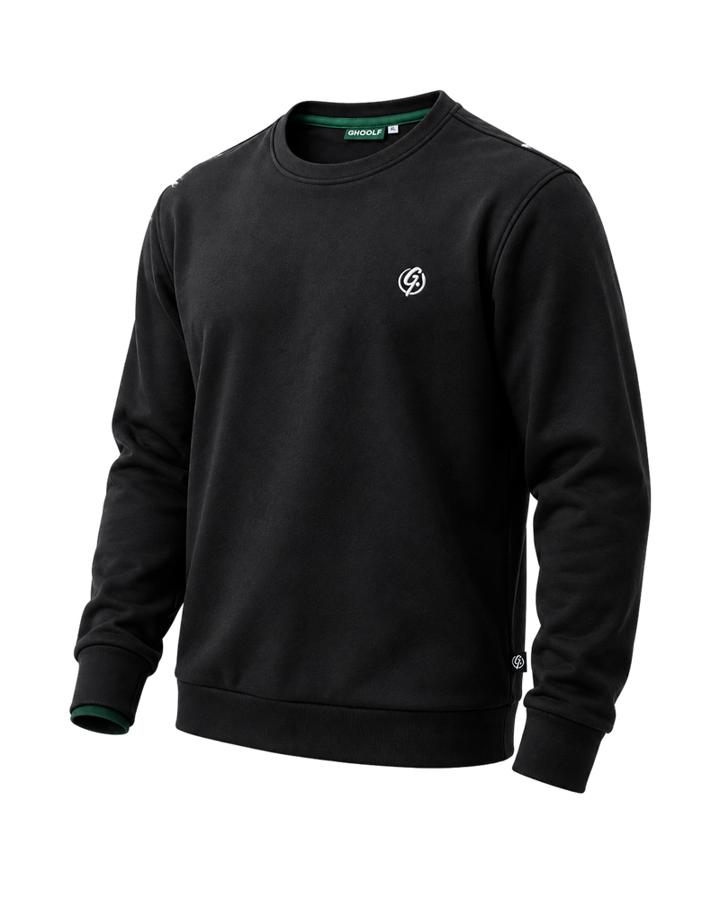 Black Ghoolf crew sweatshirt, three-quarter view, with white signet on the chest and forest green cuff edge