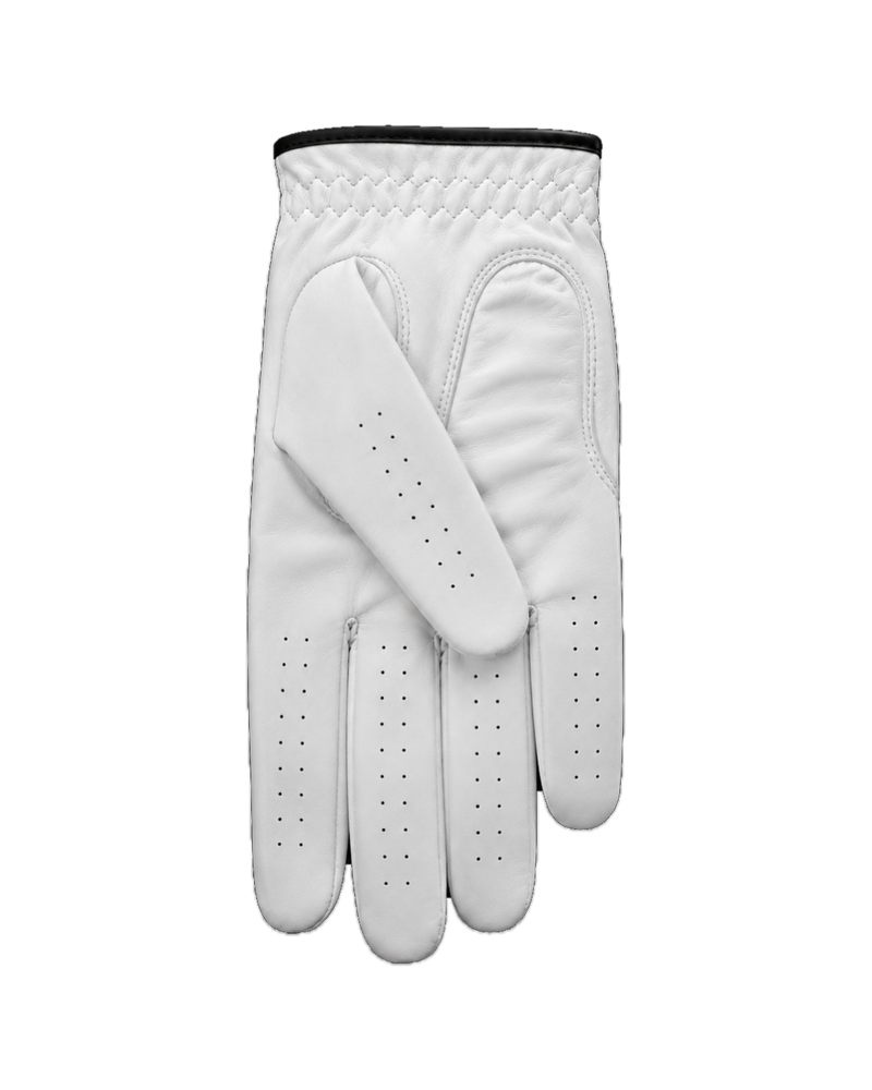 White Ghoolf golf glove with black trim, palm side, with perforated fingers and thumb