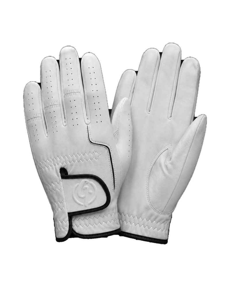 Pair of white Ghoolf golf gloves with black trim, one showing the back of the hand and one the palm side
