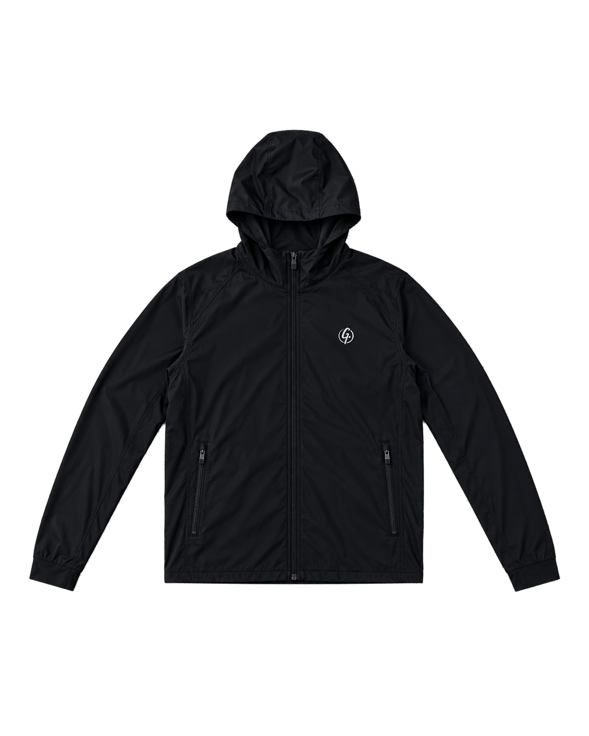 Black Ghoolf hooded windbreaker, front, with full zip, drawcord hood and zip hand pockets