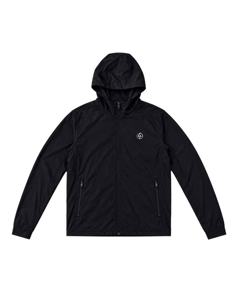 Black Ghoolf hooded windbreaker, front, with full zip, drawcord hood and zip hand pockets