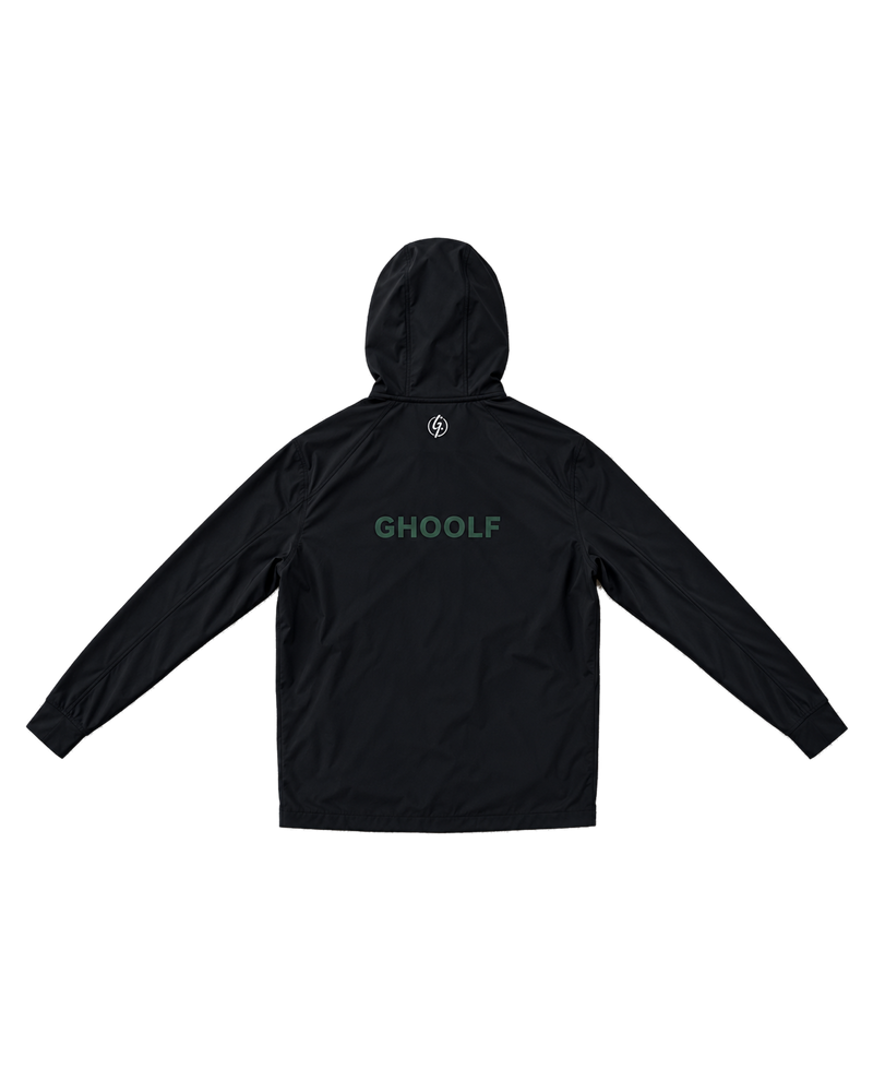 Black Ghoolf hooded windbreaker, back, with forest green Ghoolf wordmark below the hood