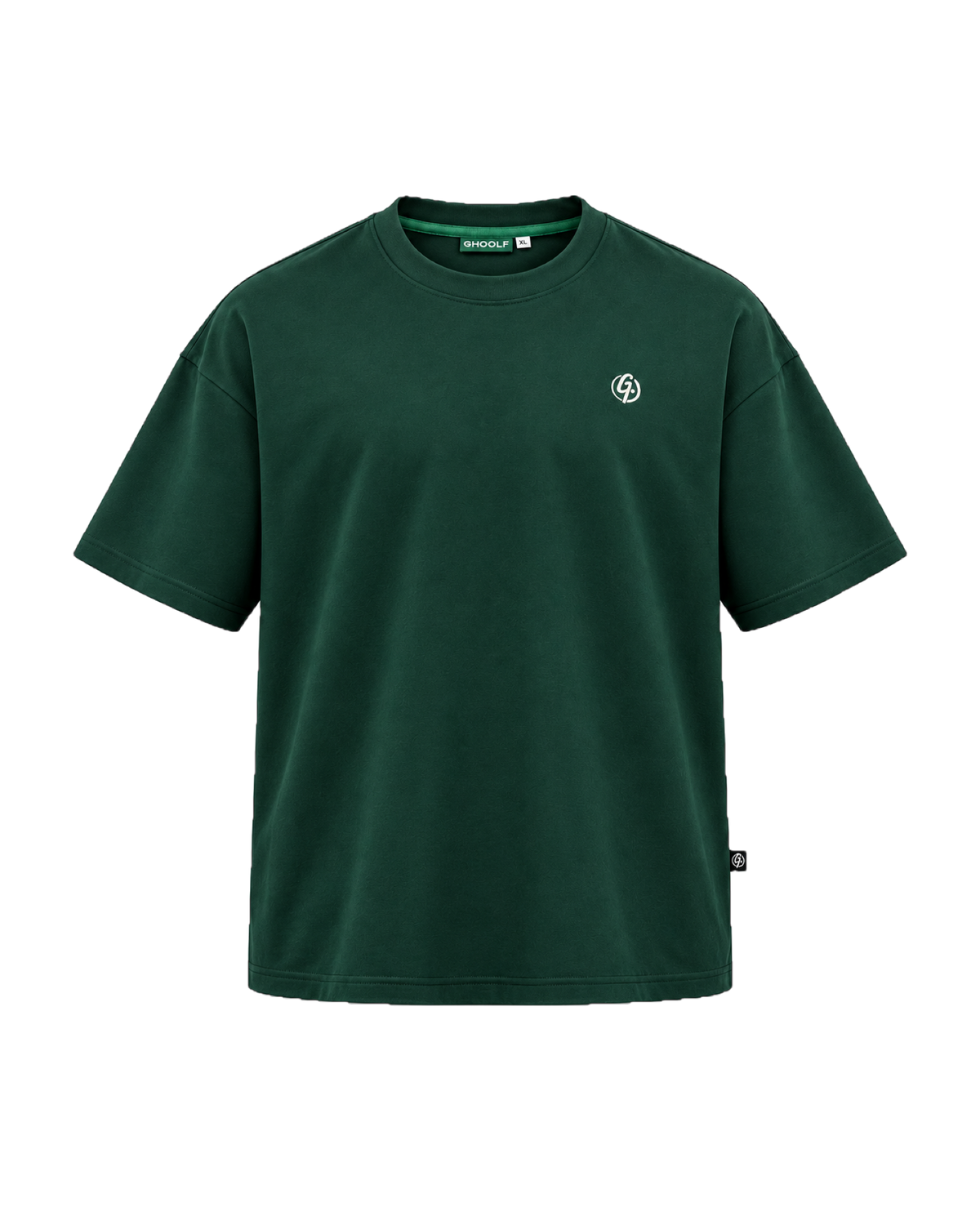Forest green Ghoolf mock neck tee, front, with ivory signet embroidered on the chest