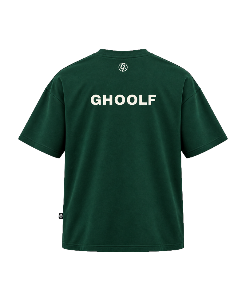 Forest green Ghoolf mock neck tee, back, with ivory Ghoolf wordmark across the shoulders