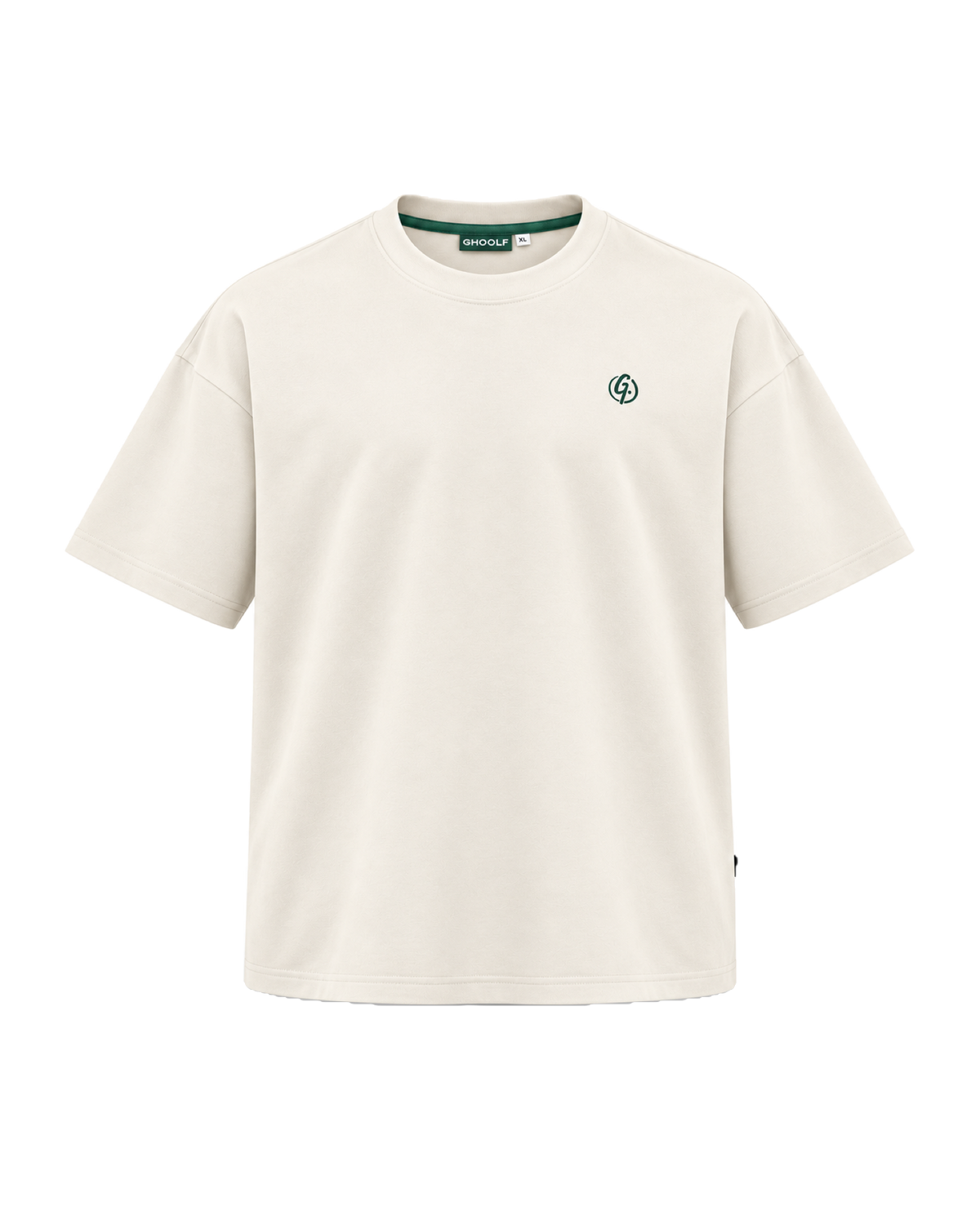 Ivory Ghoolf mock neck tee, front, with forest green signet embroidered on the chest