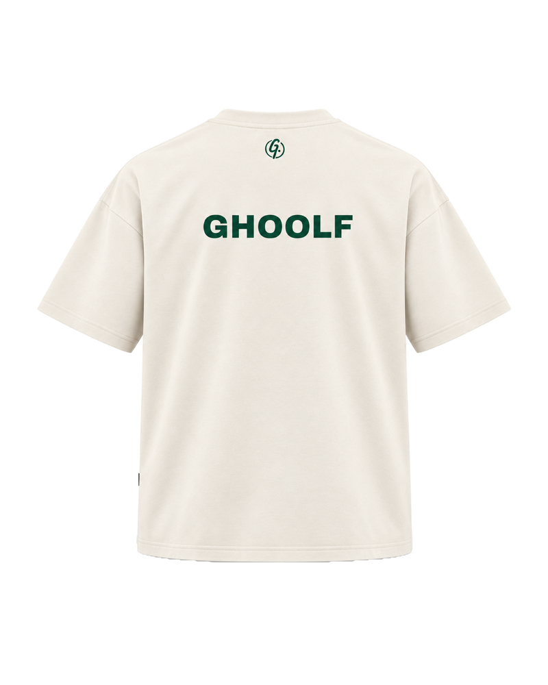 Ivory Ghoolf mock neck tee, back, with forest green Ghoolf wordmark across the shoulders