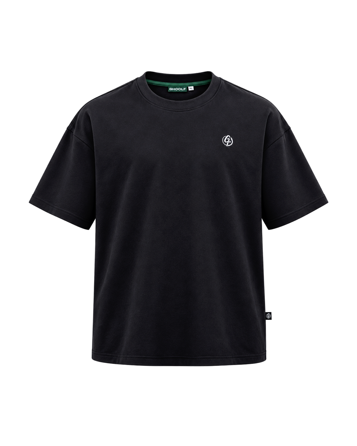 Black Ghoolf mock neck tee, front, with white signet embroidered on the chest
