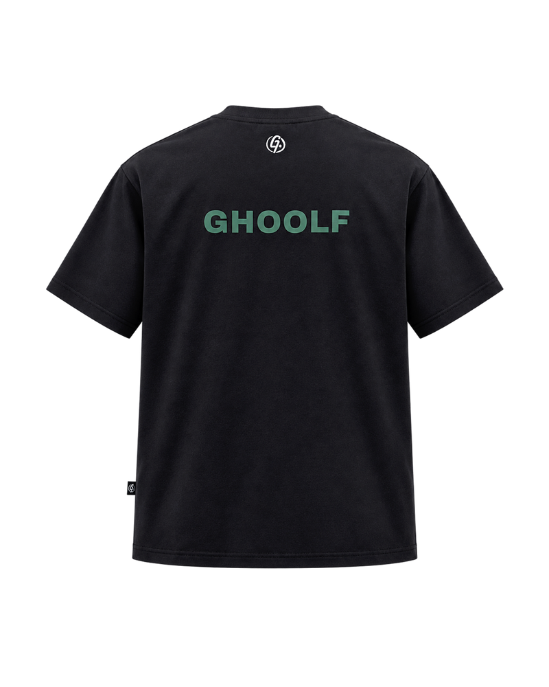 Black Ghoolf mock neck tee, back, with forest green Ghoolf wordmark across the shoulders