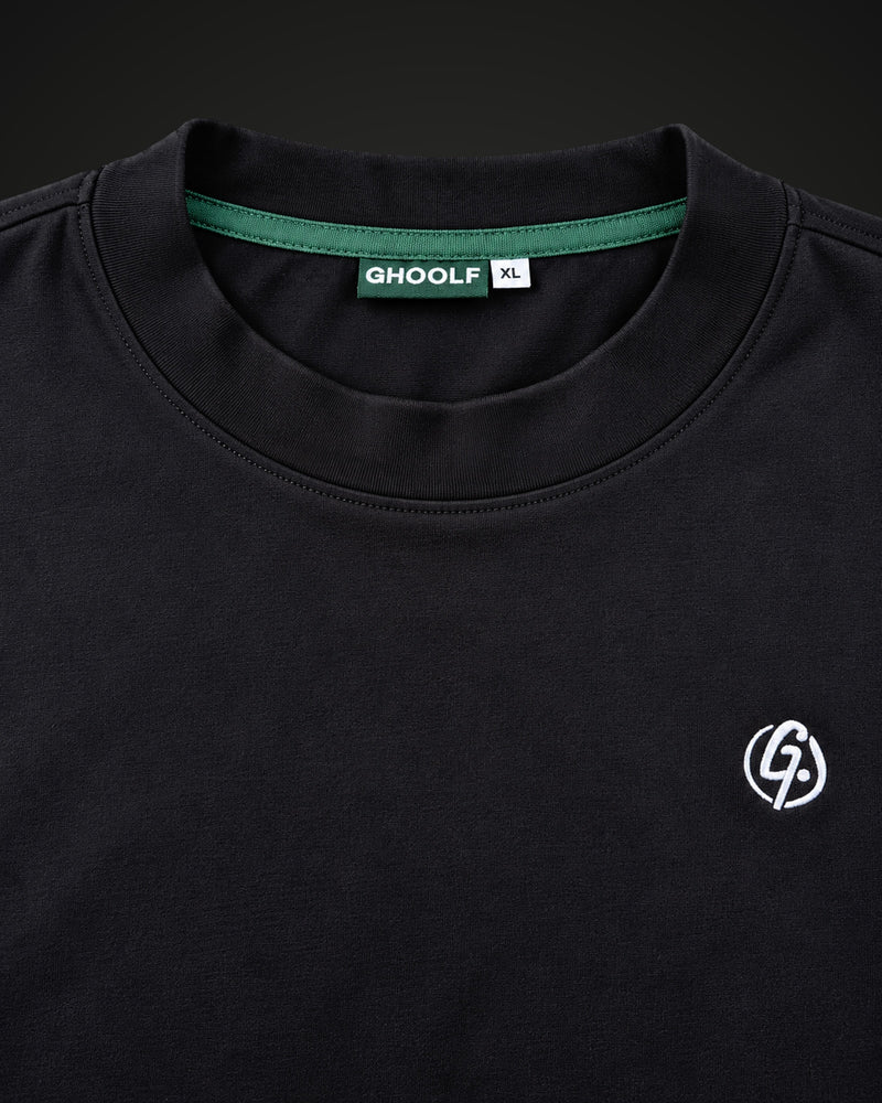 Mock neck collar with forest green inner trim and Ghoolf neck label