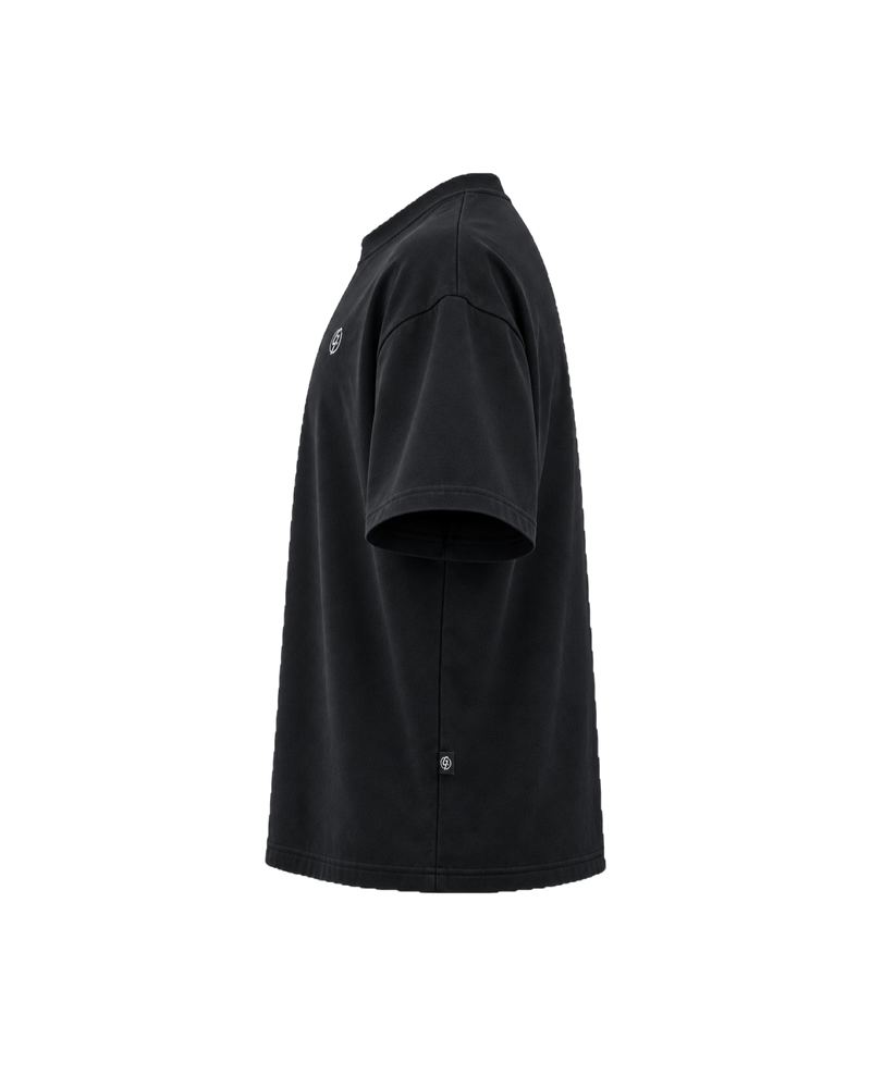 Black Ghoolf mock neck tee, side view, with dropped shoulder and woven tab at the side seam