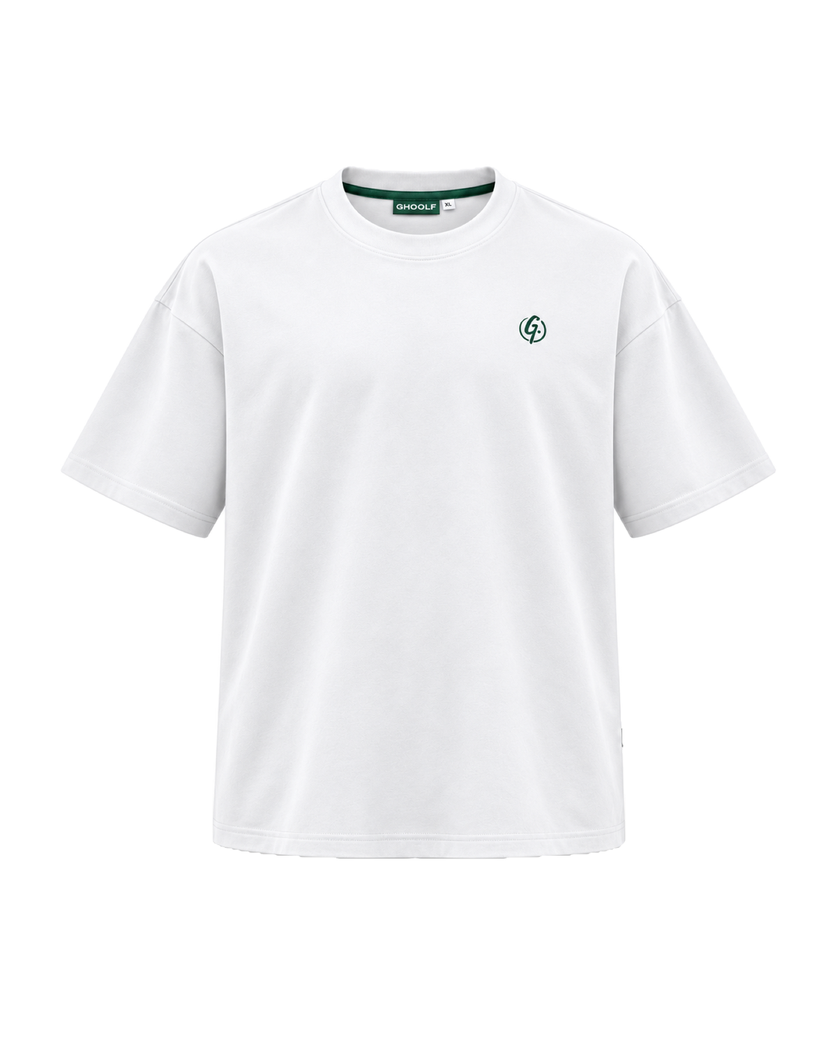 White Ghoolf mock neck tee, front, with forest green signet embroidered on the chest
