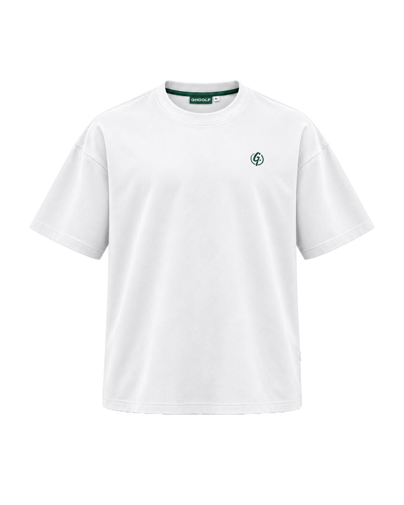 White Ghoolf mock neck tee, front, with forest green signet embroidered on the chest