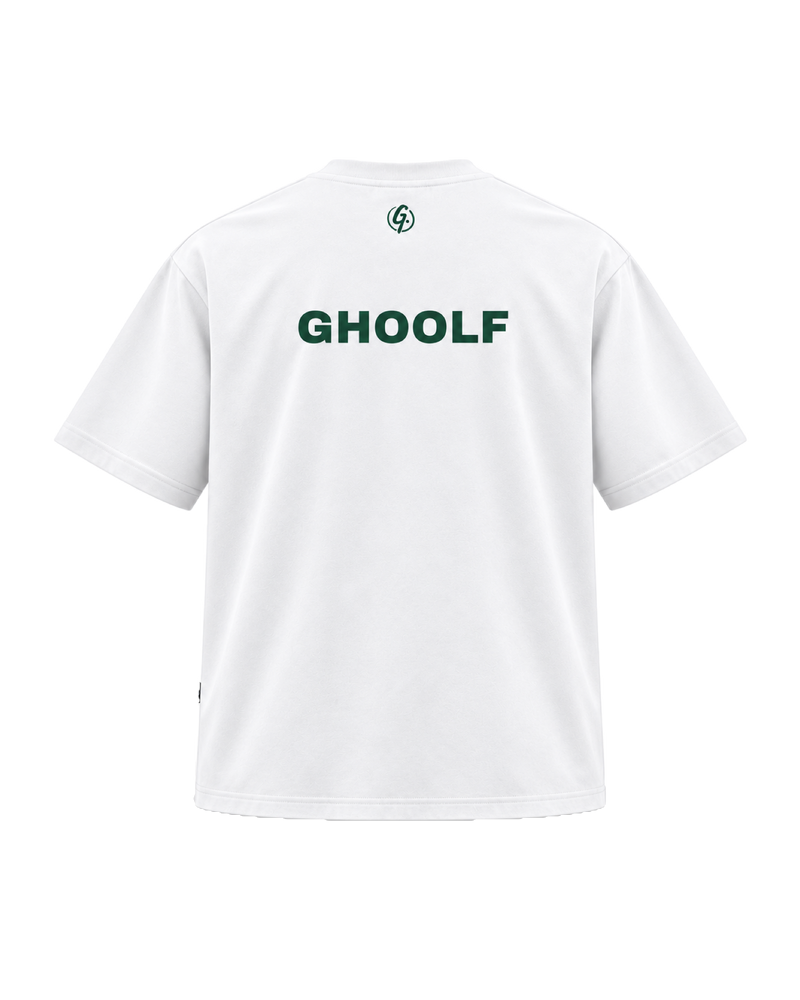 White Ghoolf mock neck tee, back, with forest green Ghoolf wordmark across the shoulders