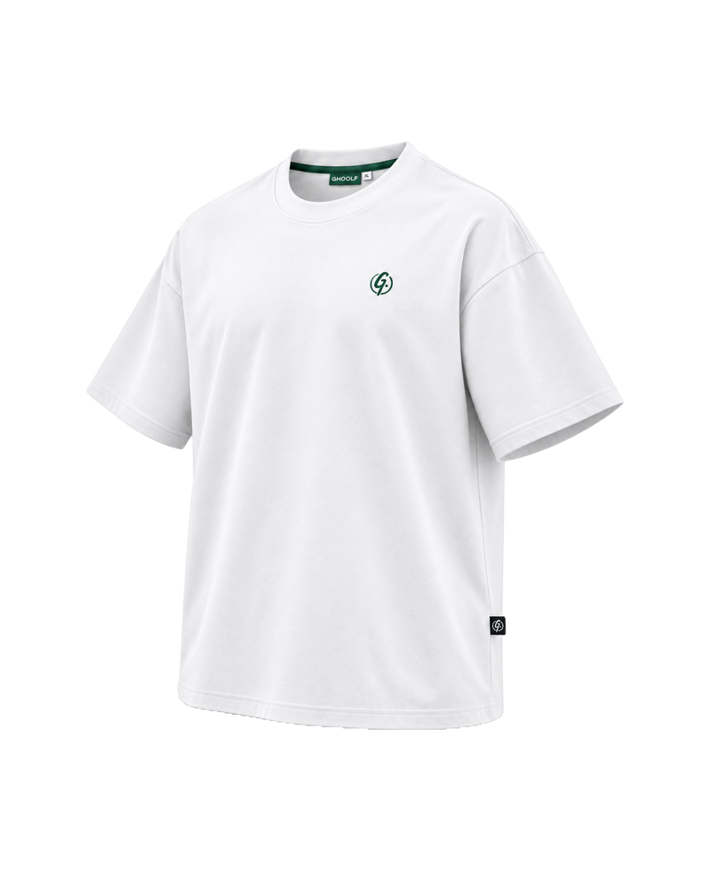 White Ghoolf mock neck tee, three-quarter view, with forest green signet on the chest and woven tab at the side seam