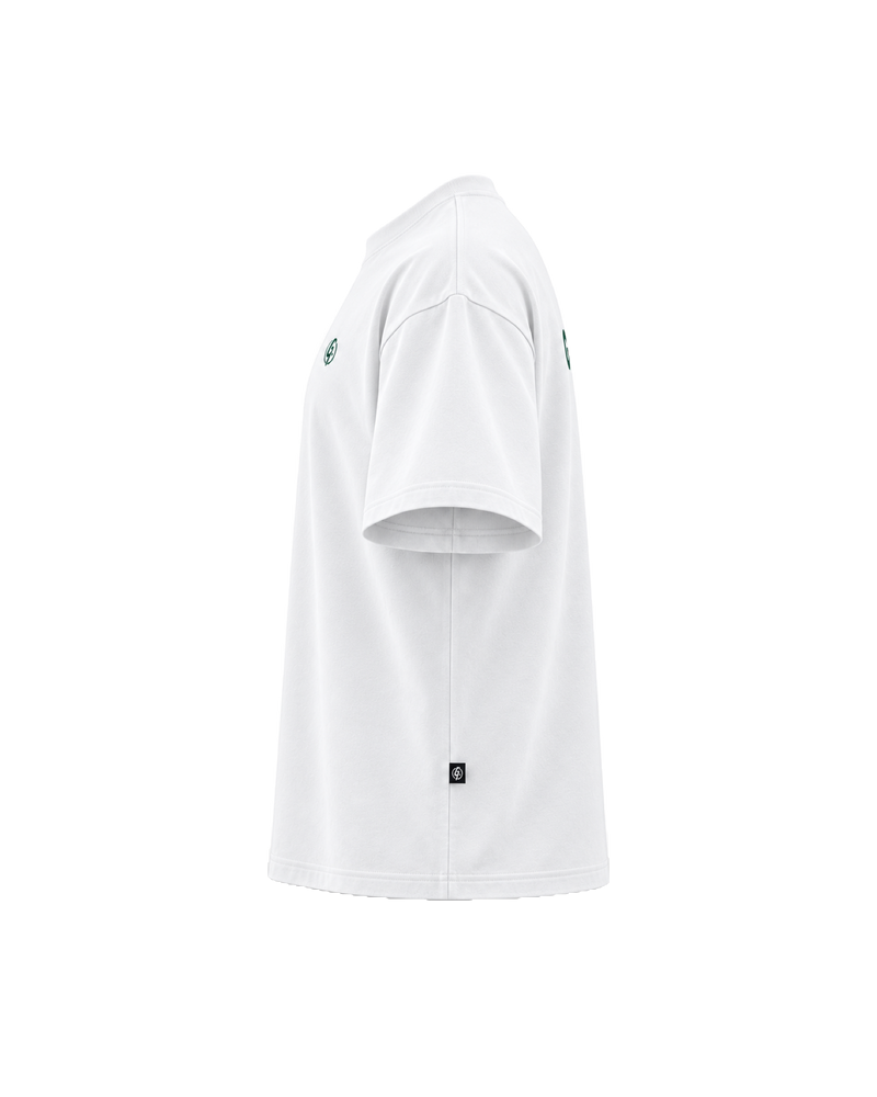 White Ghoolf mock neck tee, side view, with dropped shoulder and woven tab at the side seam