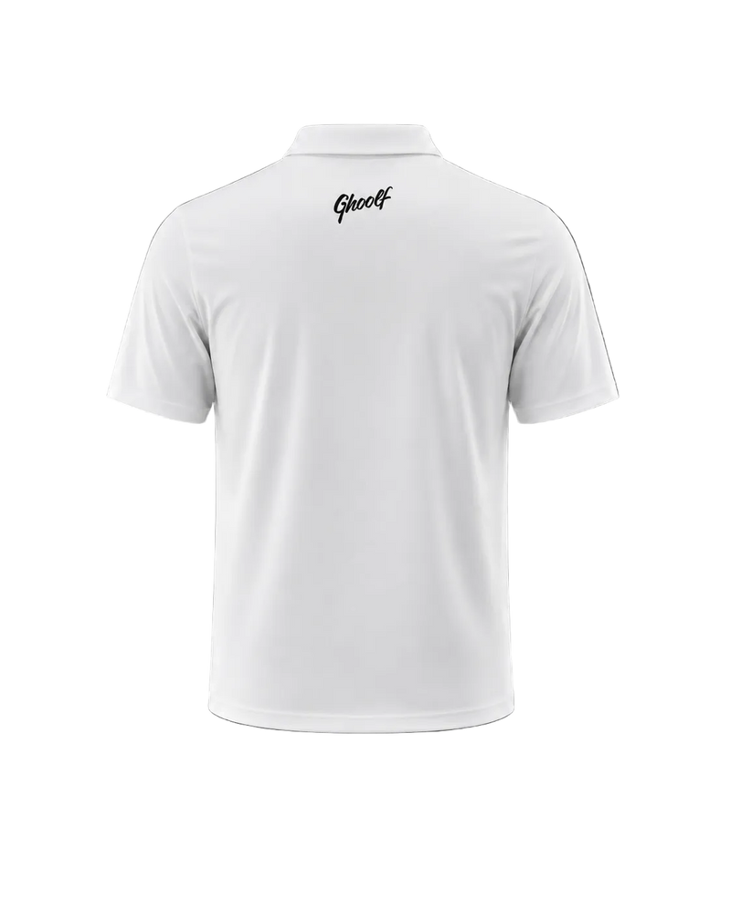 Bone white Ghoolf performance polo, back, with black Ghoolf wordmark below the collar