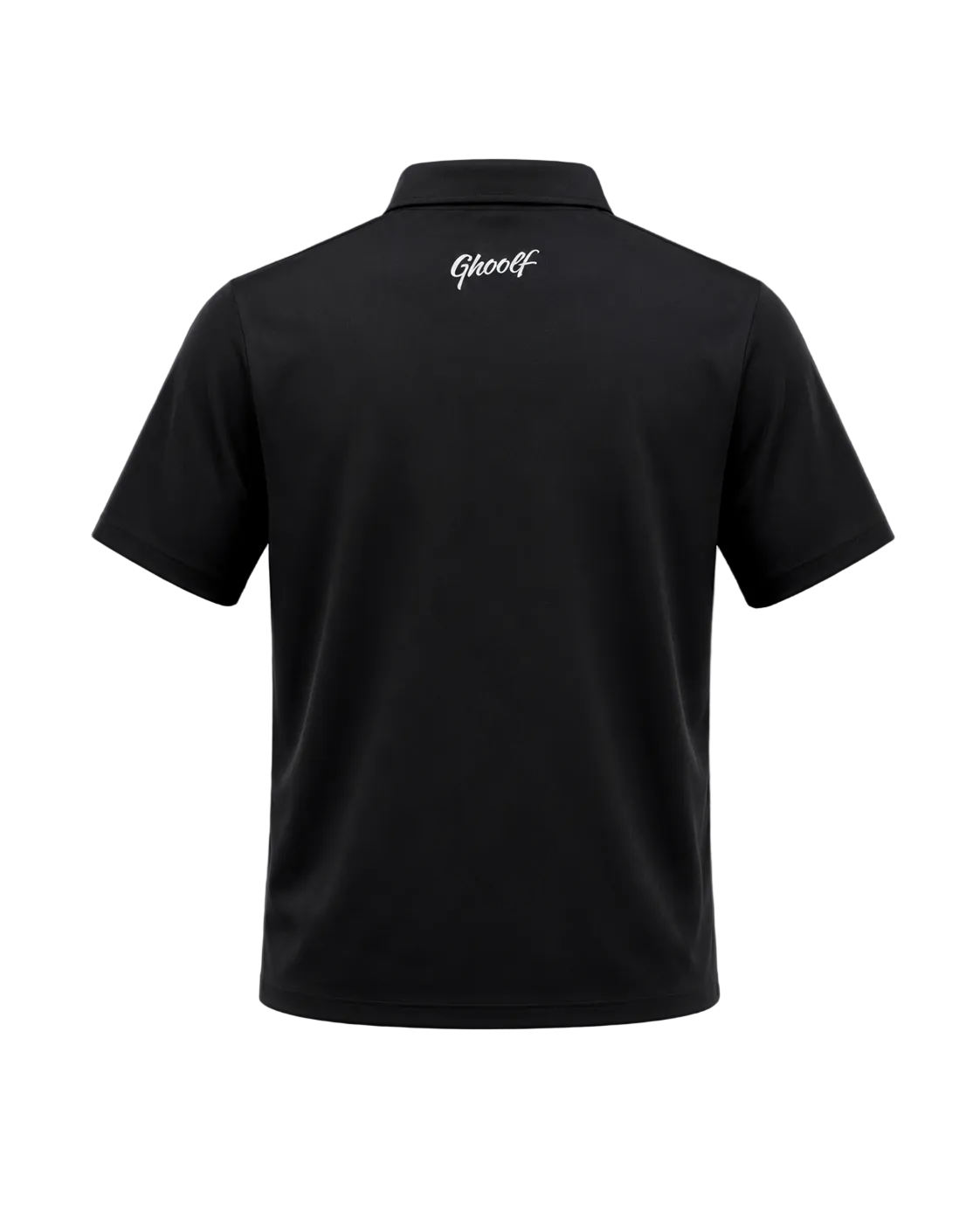 Black Ghoolf performance polo, back, with white Ghoolf wordmark below the collar
