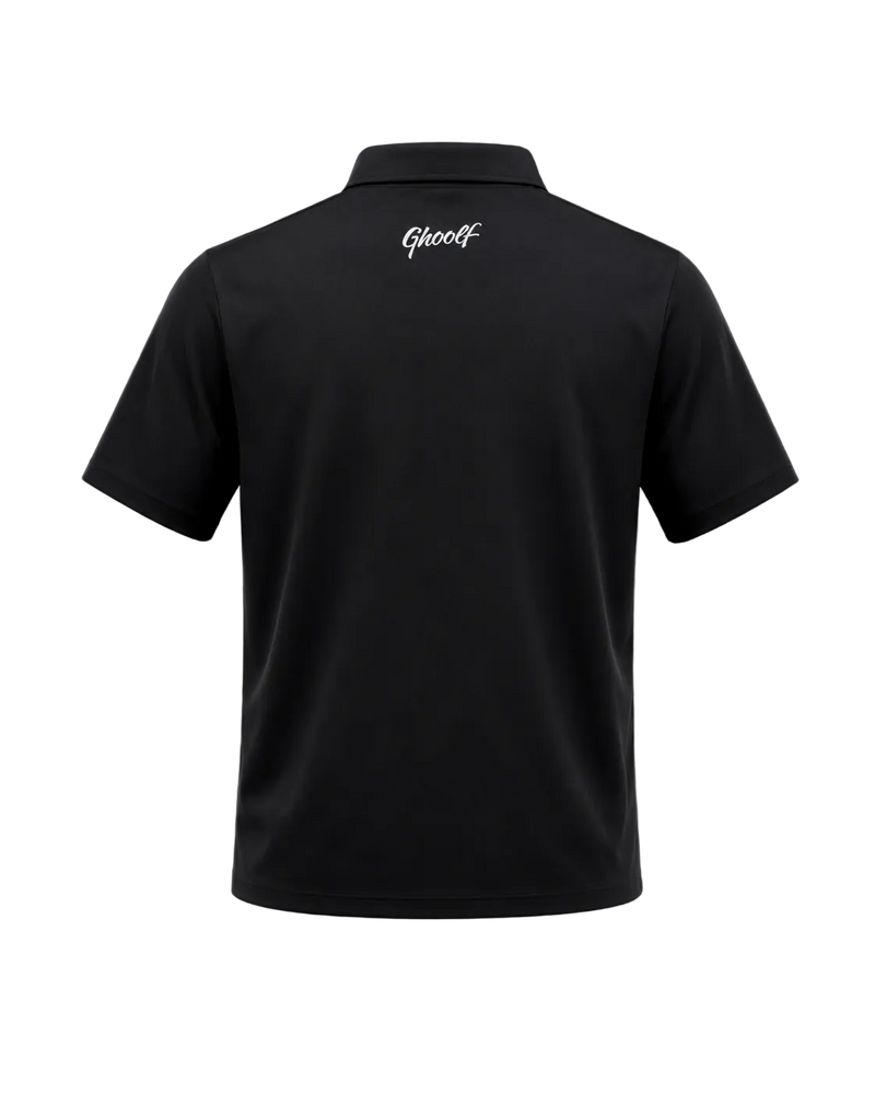 Black Ghoolf performance polo, back, with white Ghoolf wordmark below the collar