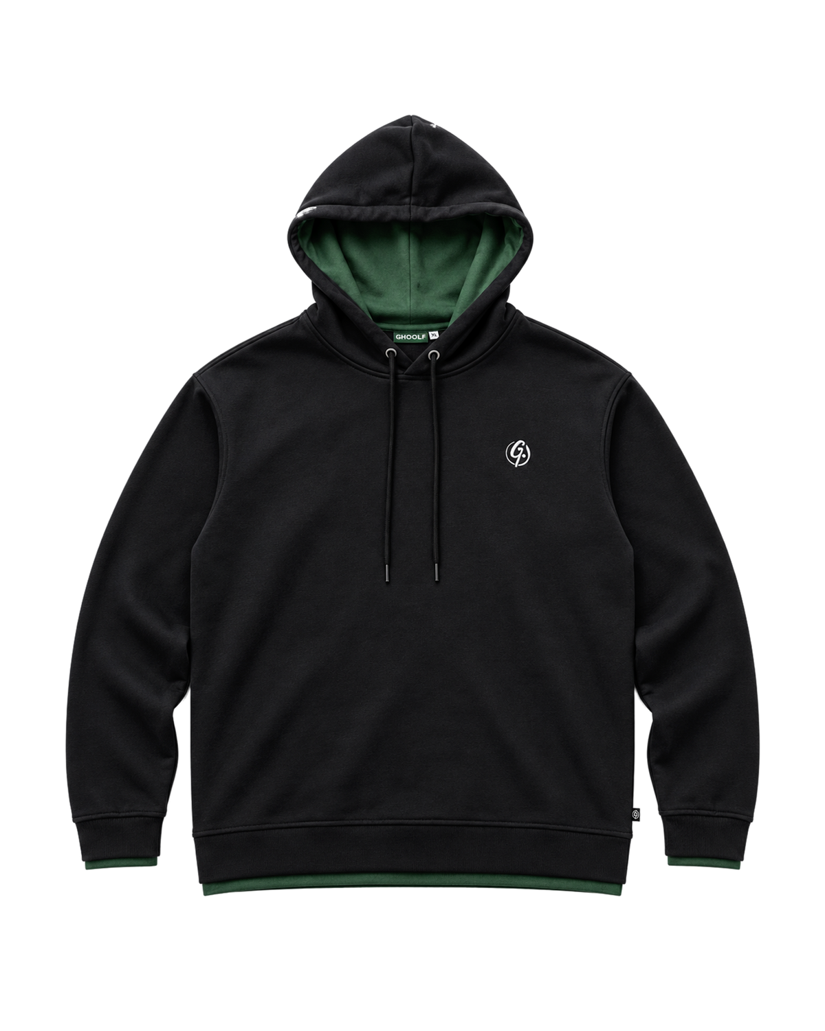Black Ghoolf pullover hoodie, front, with forest green hood lining and white signet on the chest