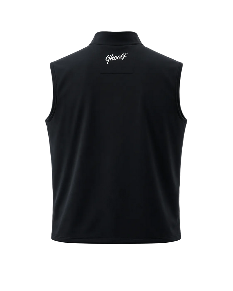 Black Ghoolf quarter-zip vest, back, with white Ghoolf wordmark below the collar