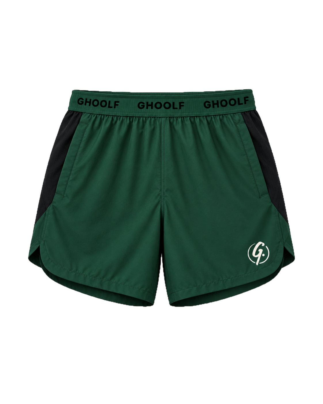Forest green Ghoolf sport shorts with black side panels, front, with wordmark waistband and signet at the hem